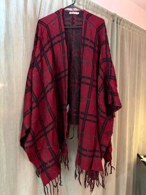 JustFab Red and Black Bouclé Knit Cardigan